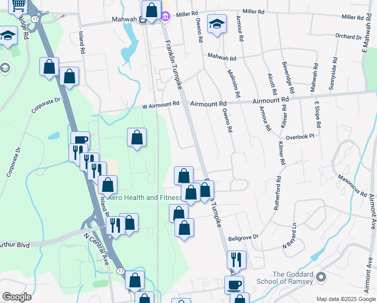 map of restaurants, bars, coffee shops, grocery stores, and more near 350 Franklin Turnpike in Mahwah