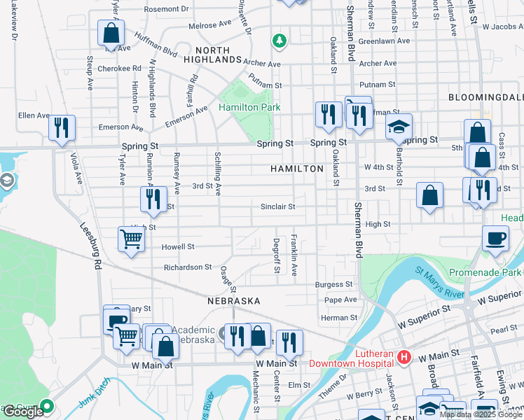 map of restaurants, bars, coffee shops, grocery stores, and more near 1321 Sinclair Street in Fort Wayne