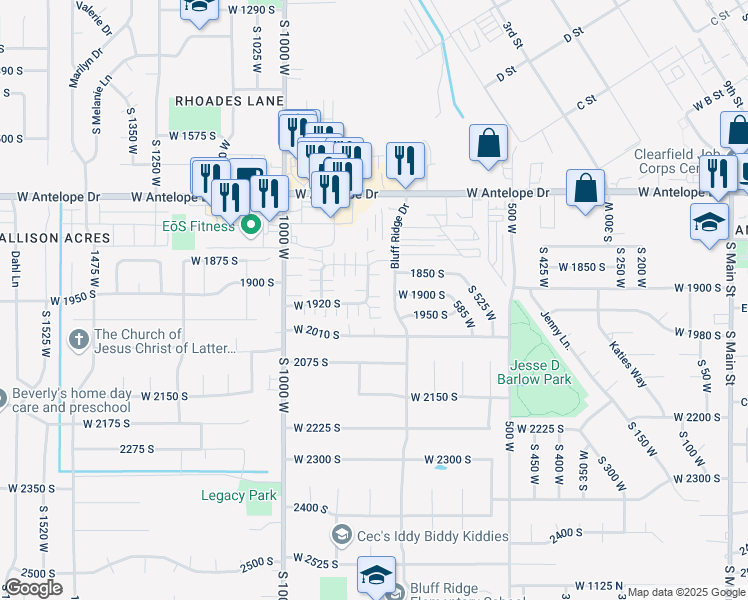 map of restaurants, bars, coffee shops, grocery stores, and more near 1981 800 West in Clearfield