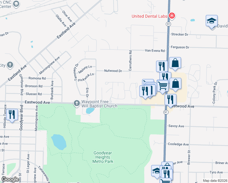 map of restaurants, bars, coffee shops, grocery stores, and more near 565 Meadow Glen in Tallmadge