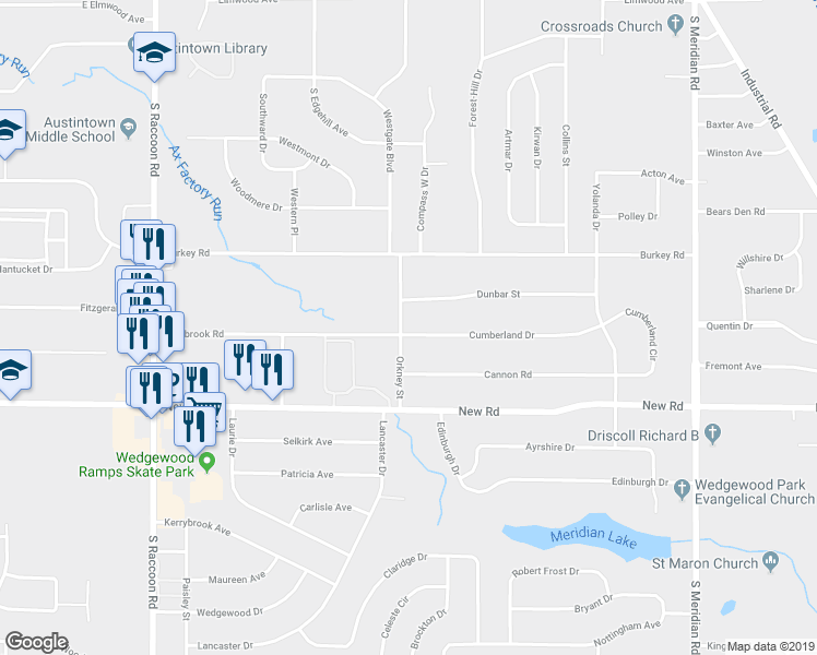 map of restaurants, bars, coffee shops, grocery stores, and more near 1361 Orkney Street in Youngstown