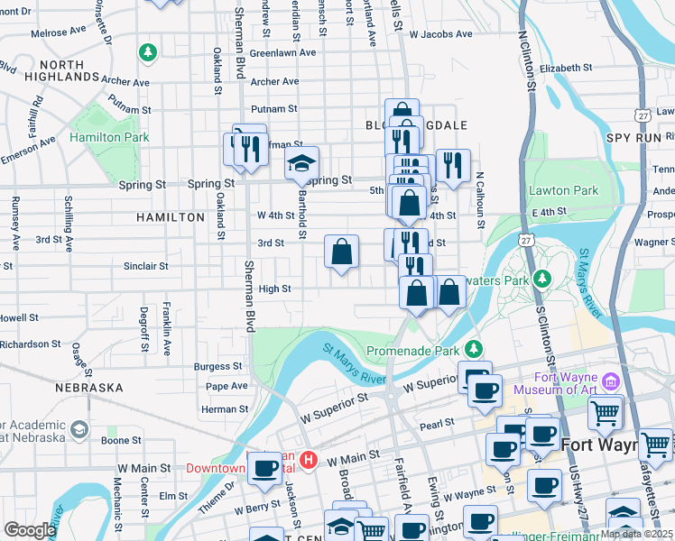map of restaurants, bars, coffee shops, grocery stores, and more near 629 2nd Street in Fort Wayne