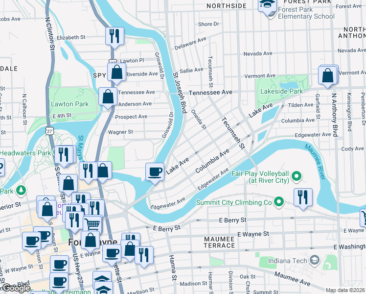 map of restaurants, bars, coffee shops, grocery stores, and more near 932 Lake Avenue in Fort Wayne
