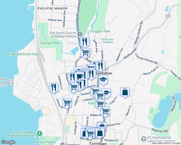 map of restaurants, bars, coffee shops, grocery stores, and more near 43 Lawrence Avenue in Sleepy Hollow