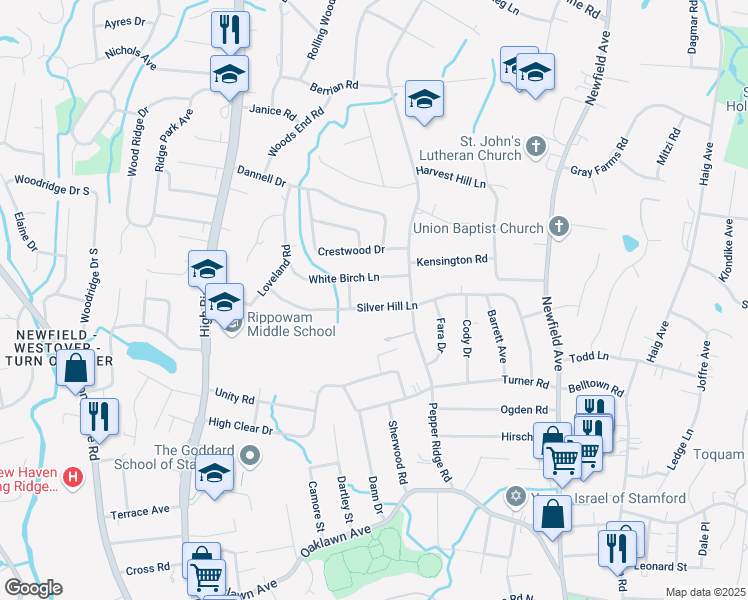 map of restaurants, bars, coffee shops, grocery stores, and more near 215 Silver Hill Lane in Stamford