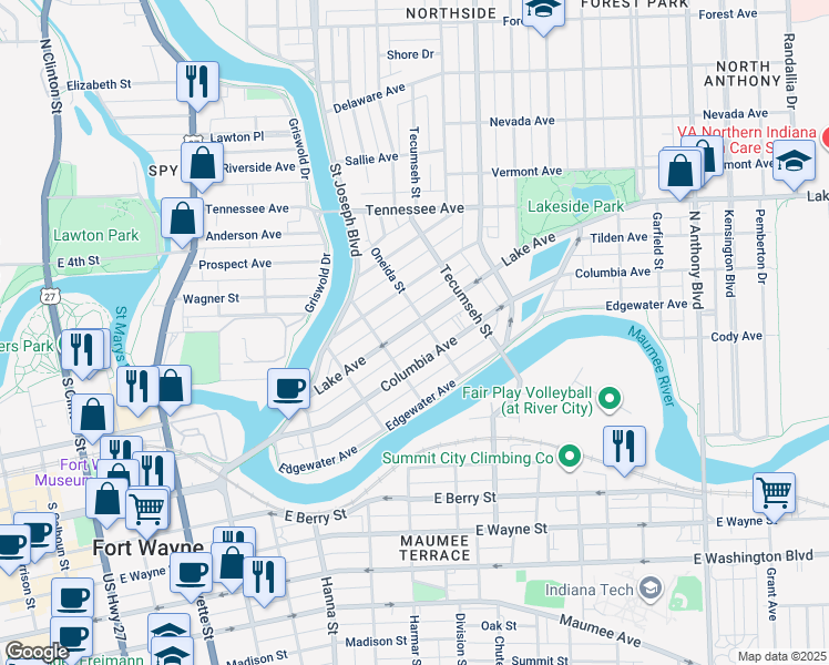 map of restaurants, bars, coffee shops, grocery stores, and more near 1030 Lake Avenue in Fort Wayne