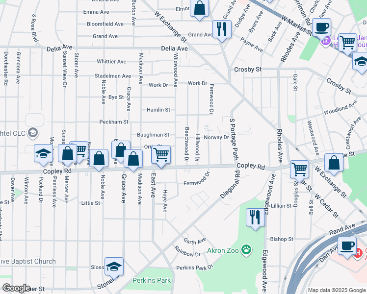 map of restaurants, bars, coffee shops, grocery stores, and more near 421 Wildwood Avenue in Akron