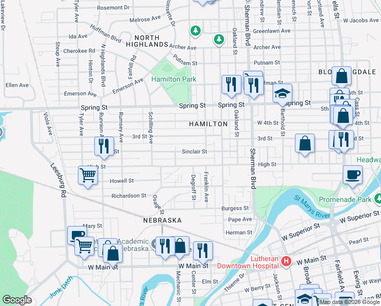map of restaurants, bars, coffee shops, grocery stores, and more near 1301 Sinclair Street in Fort Wayne