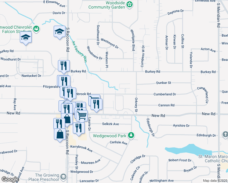 map of restaurants, bars, coffee shops, grocery stores, and more near 4206 Pembrook Road in Youngstown