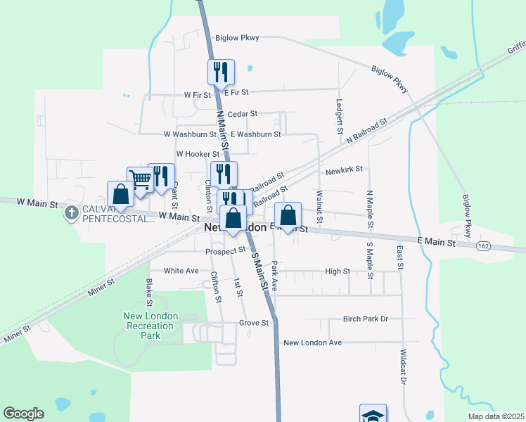 map of restaurants, bars, coffee shops, grocery stores, and more near 51 North Railroad Street in New London