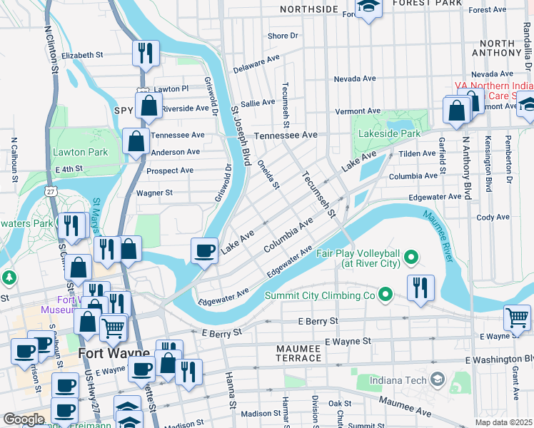 map of restaurants, bars, coffee shops, grocery stores, and more near 1125 Oneida Street in Fort Wayne