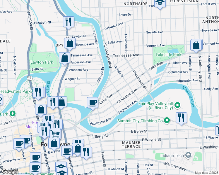 map of restaurants, bars, coffee shops, grocery stores, and more near 1001 Rivermet Avenue in Fort Wayne