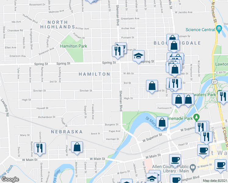 map of restaurants, bars, coffee shops, grocery stores, and more near 901 3rd Street in Fort Wayne