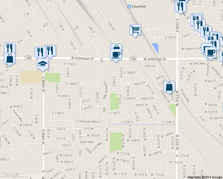map of restaurants, bars, coffee shops, grocery stores, and more near 308 E 1925 S in Clearfield