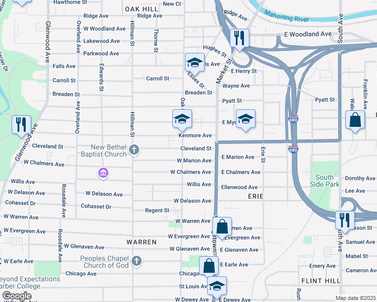 map of restaurants, bars, coffee shops, grocery stores, and more near 63 Cleveland Street in Youngstown