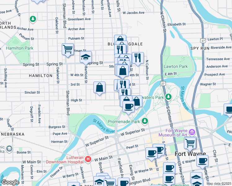 map of restaurants, bars, coffee shops, grocery stores, and more near 1 2nd Street in Fort Wayne