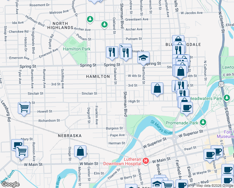 map of restaurants, bars, coffee shops, grocery stores, and more near 1230 Oakland Street in Fort Wayne