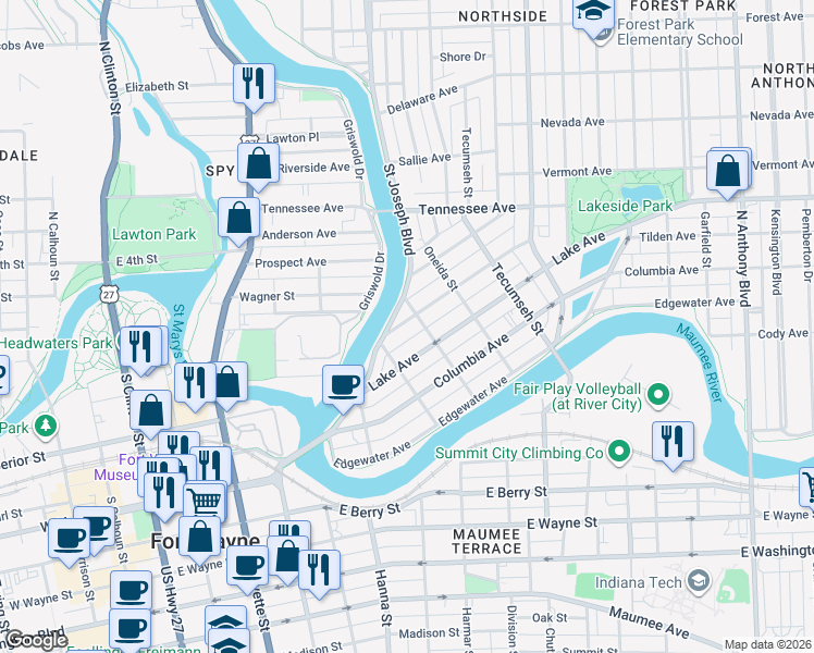 map of restaurants, bars, coffee shops, grocery stores, and more near 1001 Rivermet Avenue in Fort Wayne