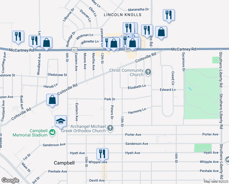 map of restaurants, bars, coffee shops, grocery stores, and more near 569 Moore Drive in Campbell