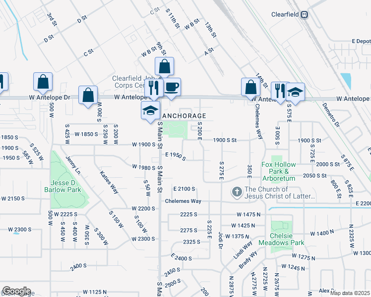 map of restaurants, bars, coffee shops, grocery stores, and more near 1931 South 100 East in Clearfield