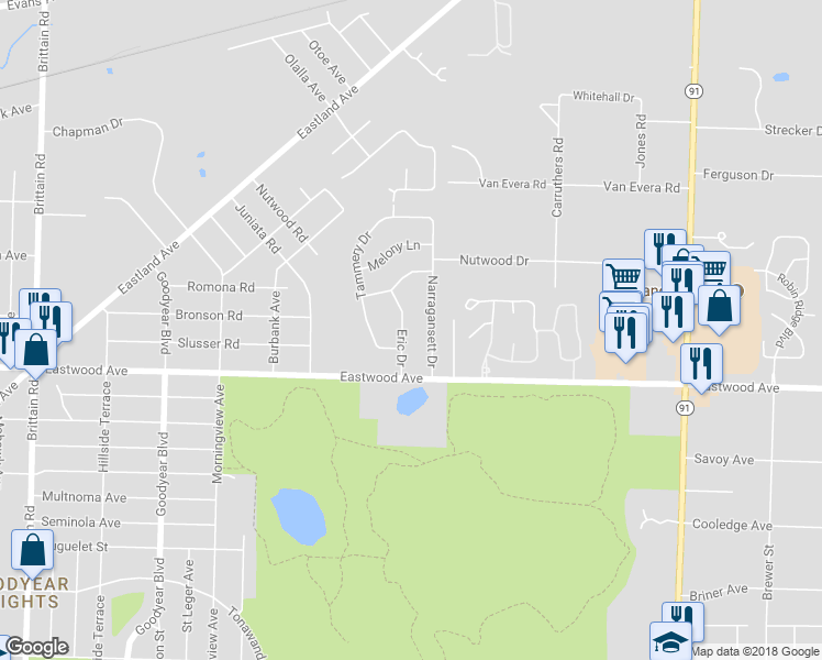 map of restaurants, bars, coffee shops, grocery stores, and more near 555 Eric Drive in Tallmadge