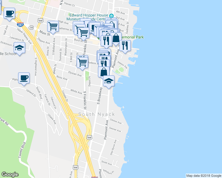 map of restaurants, bars, coffee shops, grocery stores, and more near 129 Piermont Avenue in Nyack