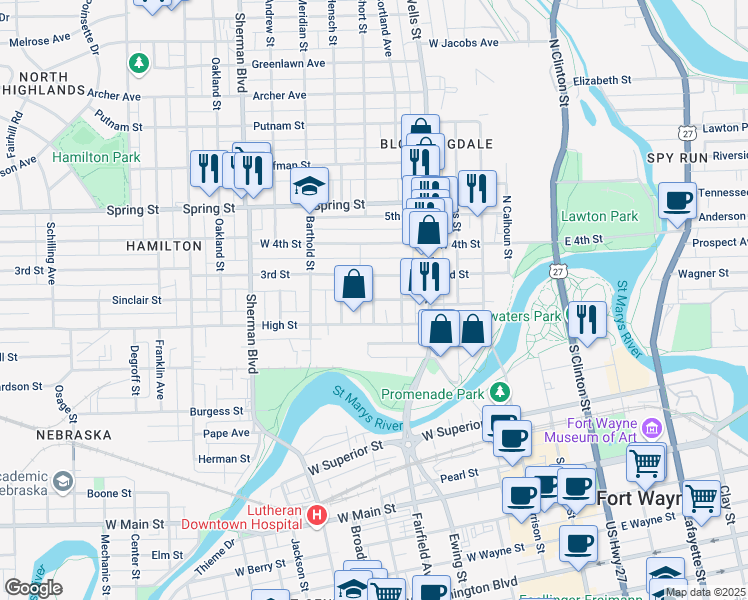 map of restaurants, bars, coffee shops, grocery stores, and more near 1300 Orchard Street in Fort Wayne