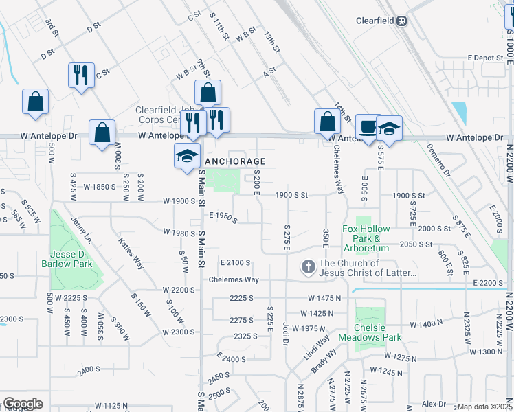 map of restaurants, bars, coffee shops, grocery stores, and more near 1896 South 200 East in Clearfield