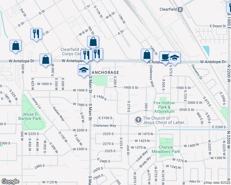 map of restaurants, bars, coffee shops, grocery stores, and more near 1896 South 200 East in Clearfield