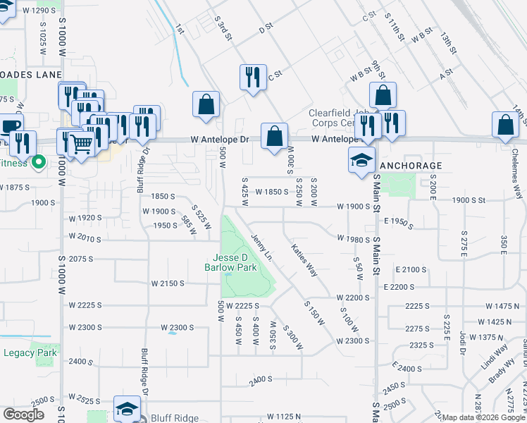 map of restaurants, bars, coffee shops, grocery stores, and more near 391 West 1850 South in Clearfield