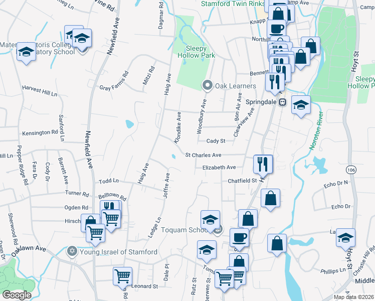 map of restaurants, bars, coffee shops, grocery stores, and more near 22 Woodbury Avenue in Stamford