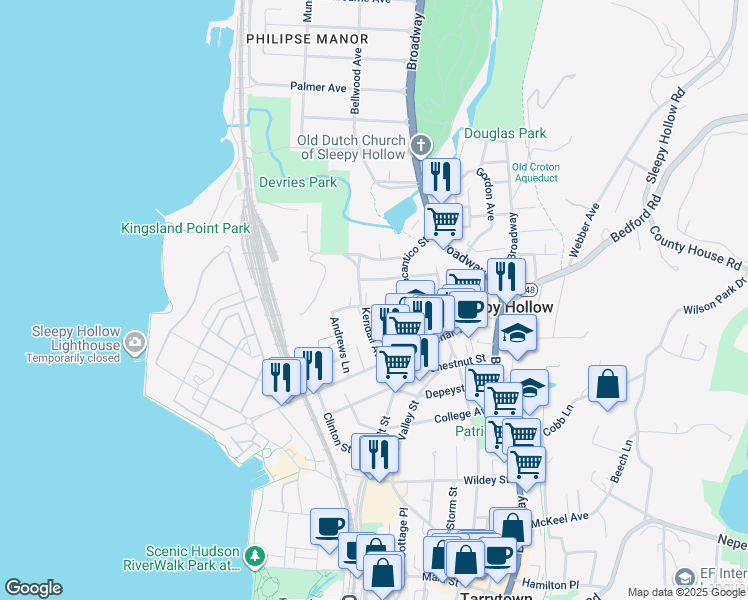 map of restaurants, bars, coffee shops, grocery stores, and more near 68 Howard Street in Sleepy Hollow