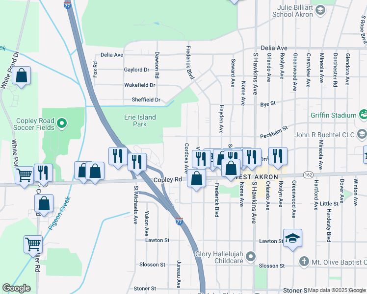 map of restaurants, bars, coffee shops, grocery stores, and more near 1504 Peckham Street in Akron