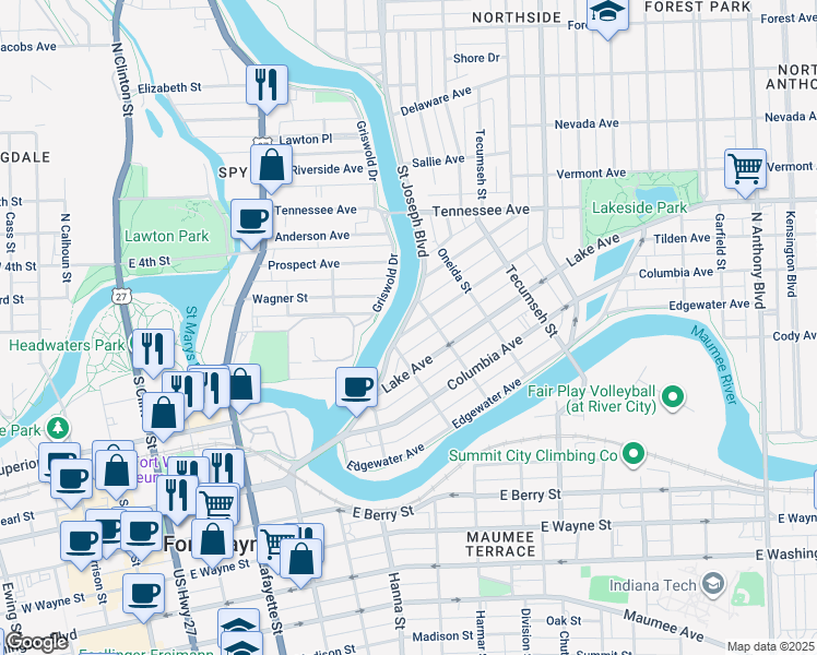 map of restaurants, bars, coffee shops, grocery stores, and more near 1100 Griswold Drive in Fort Wayne