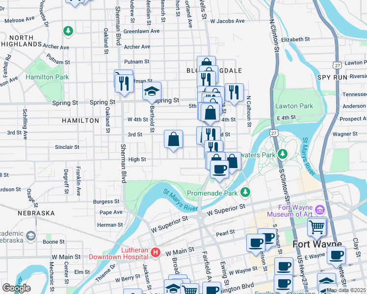 map of restaurants, bars, coffee shops, grocery stores, and more near 545 3rd Street in Fort Wayne