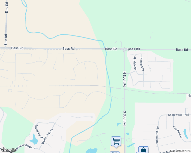 map of restaurants, bars, coffee shops, grocery stores, and more near 10401-11099 Bass Road in Fort Wayne