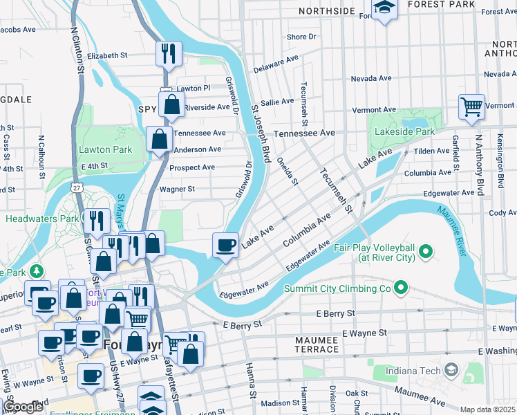 map of restaurants, bars, coffee shops, grocery stores, and more near 1100 Griswold Drive in Fort Wayne