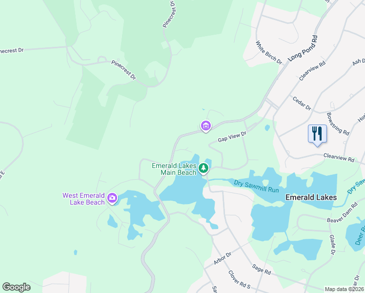 map of restaurants, bars, coffee shops, grocery stores, and more near 109 Long Pond Road in Long Pond