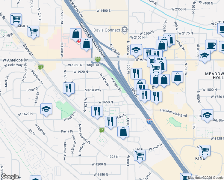 map of restaurants, bars, coffee shops, grocery stores, and more near 1420 Merlin Way in Layton