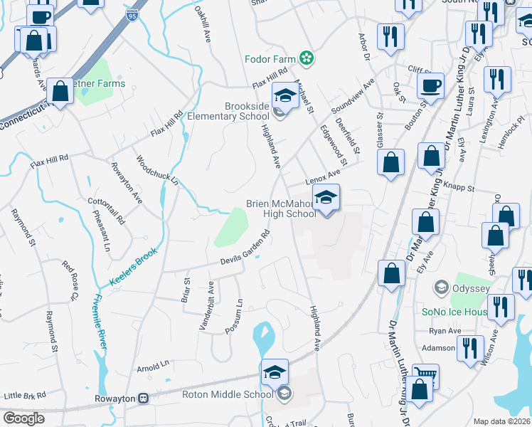 map of restaurants, bars, coffee shops, grocery stores, and more near 16 Devils Garden Road in Norwalk