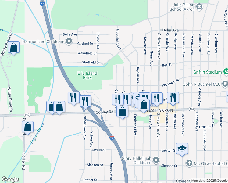 map of restaurants, bars, coffee shops, grocery stores, and more near 1504 Peckham Street in Akron