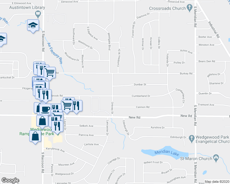 map of restaurants, bars, coffee shops, grocery stores, and more near 1355 Orkney Street in Youngstown