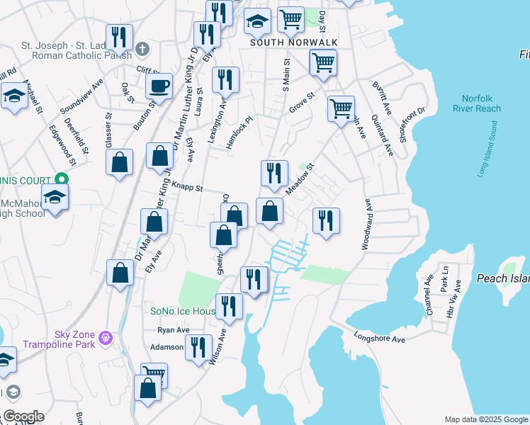 map of restaurants, bars, coffee shops, grocery stores, and more near 208 South Main Street in Norwalk