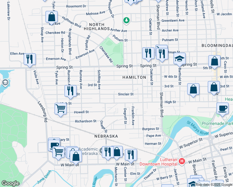 map of restaurants, bars, coffee shops, grocery stores, and more near 1329 3rd Street in Fort Wayne