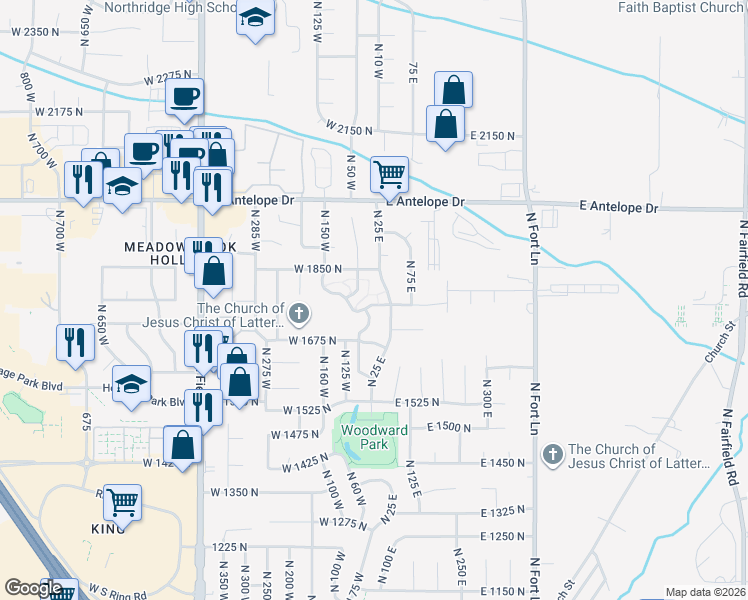 map of restaurants, bars, coffee shops, grocery stores, and more near 14 North Belvedere Way in Layton