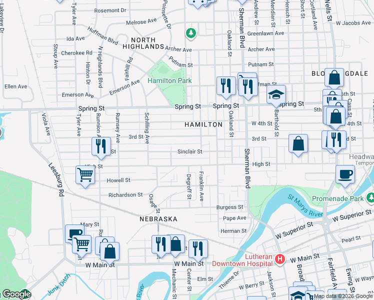 map of restaurants, bars, coffee shops, grocery stores, and more near 1225 3rd Street in Fort Wayne