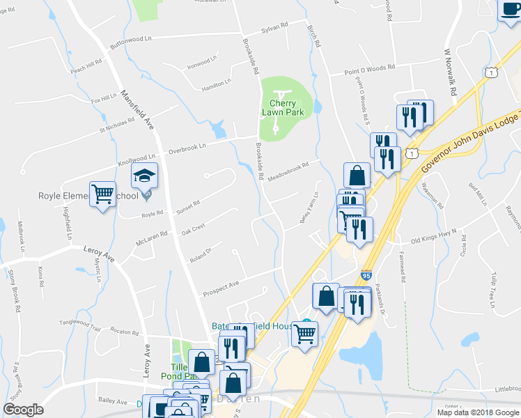 map of restaurants, bars, coffee shops, grocery stores, and more near 81 Brookside Road in Darien