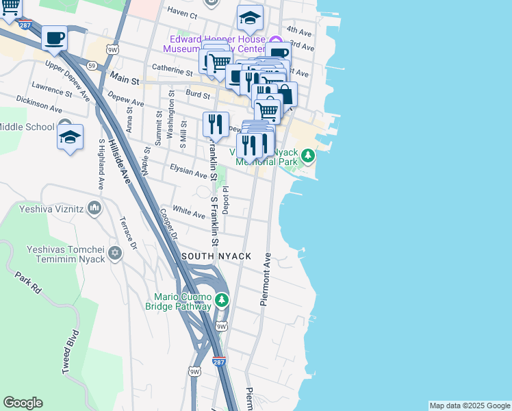 map of restaurants, bars, coffee shops, grocery stores, and more near 131 South Broadway in Nyack