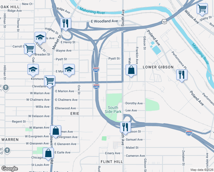 map of restaurants, bars, coffee shops, grocery stores, and more near 330 Williamson Avenue in Youngstown