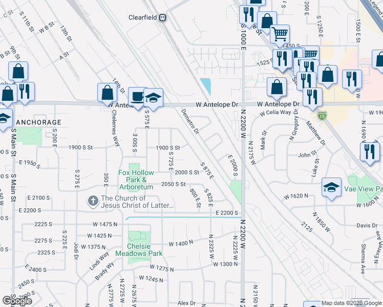map of restaurants, bars, coffee shops, grocery stores, and more near 1919 South 875 East in Clearfield